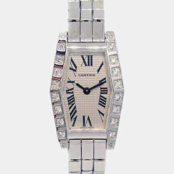 Cartier Silver 18k White Gold Diamond Laniere Tonneau Quartz Women's Wristwatch 18 mm