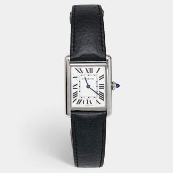 Pre Owned Cartier Silver Stainless Steel Calf Leather Tank Must WSTA0041 Women's Wristwatch 25.50 mm