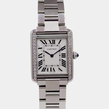 Cartier White Customised 0.50ct Diamond Stainless Steel Tank Solo Quartz Women's Wristwatch 24 mm