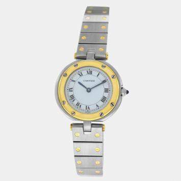 Cartier White 18k Yellow Gold Stainless Steel Santos Ronde 8191 Quartz Women's Wristwatch 27 mm