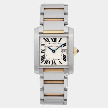 Pre Owned Cartier Cream 18k Yellow Gold Stainless Steel Tank Francaise W51012Q4 Quartz Women's Wristwatch 25 mm