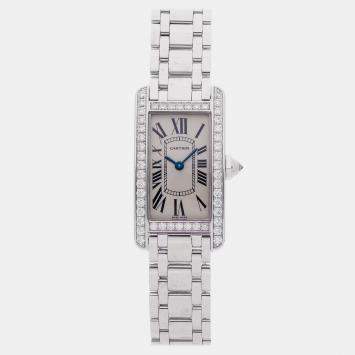 Pre Owned Cartier Tank Americaine WB7073L1 Quartz White Gold Silver Dial Women's Wristwatch 18mm
