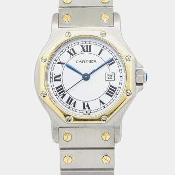Pre Owned Cartier Santos Octagon Automatic White 18k Yellow Gold Stainless Steel Women's Wristwatch 29 mm