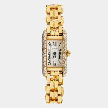 Cartier Tank Allongee W15007K3 Automatic White 18k Yellow Gold Diamond Women's Wristwatch 14x28mm