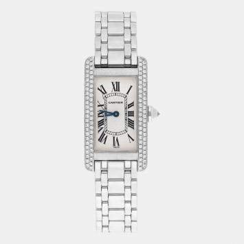 Cartier Tank Americaine WB7018L1 Quartz Silver 18k White Gold Diamond Women's Wristwatch 19 mm