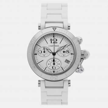 Pre Owned Cartier Pasha Seatimer Chronograph W3140005 Quartz White Stainless Steel Women's Wristwatch 37mm