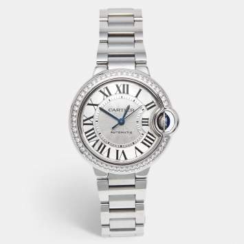 Pre Owned Cartier Silver Dial Stainless Steel Diamond Ballon Bleu De Cartier W4BB0016 Women's Wristwatch 33 mm