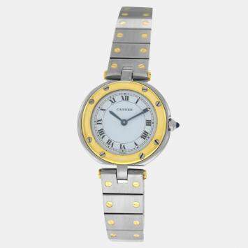 Pre Owned Cartier Santos Ronde 8191 Quartz White 18k Yellow Gold Stainless Steel Women's Wristwatch 27 mm