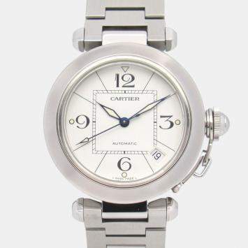 Pre Owned ساعة يد نسائية كارتتييه باشا سي دي كارتتييه W31074M7 أوتوماتيك بيضاء ستانلس ستيل 35 مم