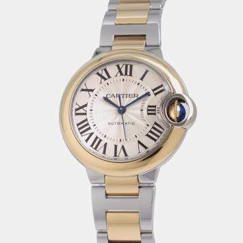 Pre Owned ساعة يد نسائية كارتييه بالون بلو W2BB0037 فضية أوتوماتيكية ذهب أصفر عيار 18 وستانلس ستيل 33 مم