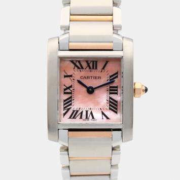 Pre Owned Cartier Tank Francaise W51027Q4 Quartz Pink Shell 18k Rose Gold Stainless Steel Women's Wristwatch 20 mm