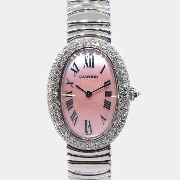 مملوكة مسبقًا Cartier Baignoire 1955 Quartz Pink 18K White Gold Diamond Women's Wristwatch 22 mm