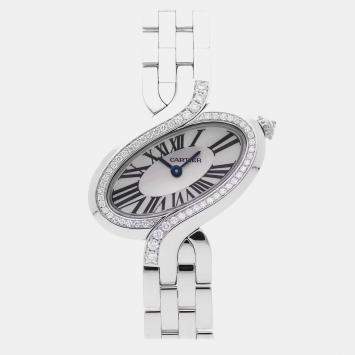 مملوكة مسبقًا Cartier Delices De Cartier WG800004 Silver 18K White Gold, Diamond Quartz Women's Watches 30x36mm