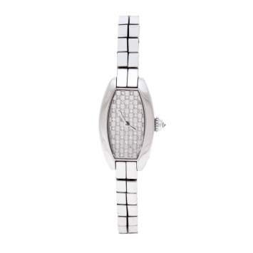 Pre Owned Cartier Diamond Pave 18K White Gold Laniere Tonneau 2545 Women's Wristwatch 16 mm