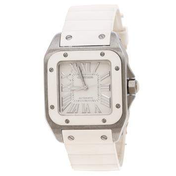 Pre Owned Cartier Ivory Rubber and Stainless Steel Santos 100 2878 Women's Wristwatch 30MM