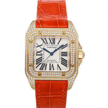 Pre Owned Cartier White Diamonds 18K Yellow Gold Santos 100 Medium WM502051 Women's Wristwatch 44 x 33 MM