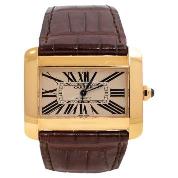 Pre Owned Cartier Cream 18K Yellow Gold Alligator Leather Tank Divan W6300856 Women's Wristwatch 38 mm