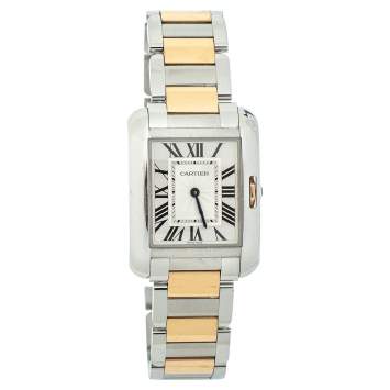 Pre Owned Cartier Silver 18K Yellow Gold & Stainless Steel Tank Anglaise 3704 Women's Wristwatch 26 mm