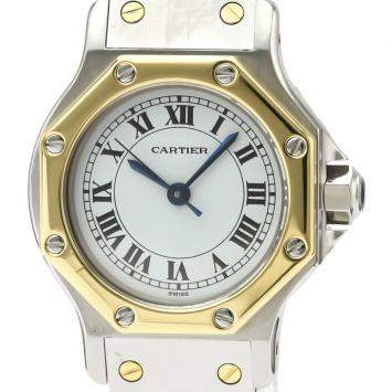 Pre Owned Cartier Silver 18K Yellow Gold And Stainless Steel Santos Octagon Automatic Women's Wristwatch 24 MM
