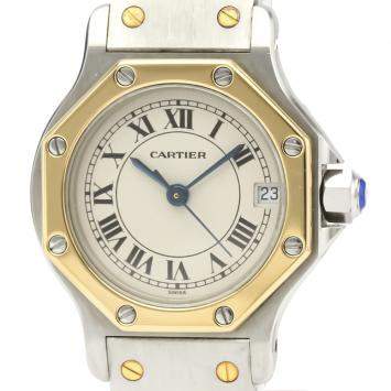 Pre Owned Cartier Silver 18K Yellow Gold And Stainless Steel Santos Octagon Quartz 187903 Women's Wristwatch 24 MM