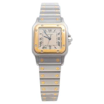Pre Owned Cartier Cream 18K Yellow Gold And Stainless Steel Santos De Cartier 187901 Women's Wristwatch 29 mm