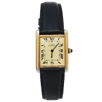 Pre Owned Cartier Vintage Cream Gold Plated Silver Leather Must de Cartier Tank Women's Wristwatch 23 mm
