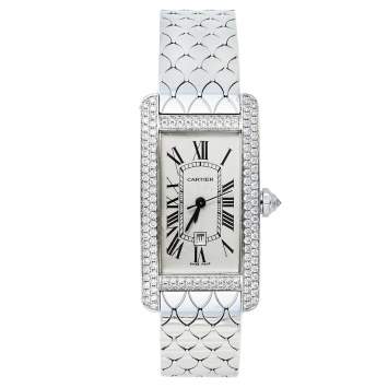Pre Owned Cartier Silver Diamonds 18K White Gold Tank Americaine 2490 Women's Wristwatch 22.50 mm