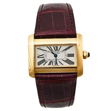 Pre Owned Cartier Silver 18K Yellow Gold Alligator Leather Tank Divan W6300356 Women's Wristwatch 31 mm