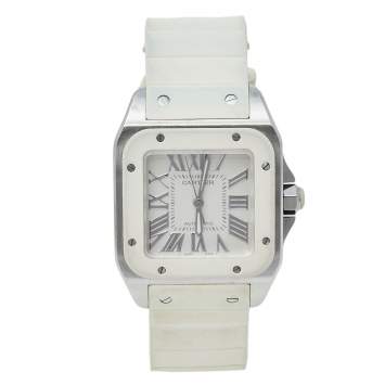 Pre Owned Cartier White Rubber Stainless Steel 2878 Santos 100 Automatic Women's Wristwatch 33 MM