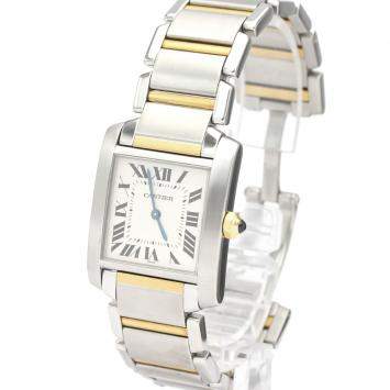Pre Owned Cartier White 18K Yellow Gold And Stainless Steel Tank Francaise W51006Q4 Women's Wristwatch 26 MM