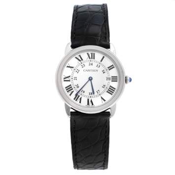 Pre Owned Cartier Silver Stainless Steel Leather Ronde Solo 2934 Women's Wristwatch 36 mm