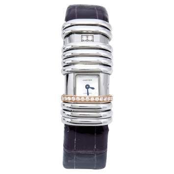 Pre Owned Cartier Silver Two-Tone 18K Gold Diamond Leather Declaration 2611 Women's Wristwatch 16 mm