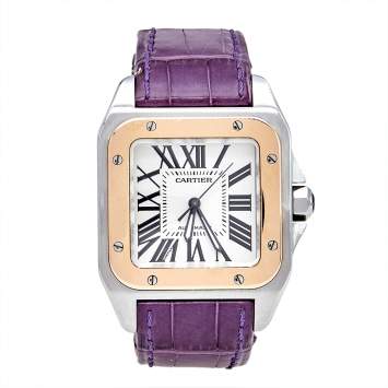 Pre Owned Cartier Silver 18k Rose Gold Stainless Steel Alligator Santos 100 2878 Women's Wristwatch 33 mm