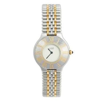 Pre Owned Cartier Cream Two Tone Stainless Steel Must 21 de Cartier 9010 Women's Wristwatch 31 mm