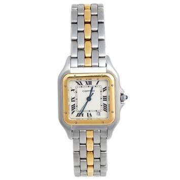 Pre Owned Cartier Cream 18K Yellow Gold And Stainless Steel Panthere Women's Wristwatch 27 mm