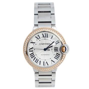 Pre Owned Cartier Silver 18k Rose Gold Stainless Steel Diamond Ballon Bleu WE902081 Women's Wristwatch 36 mm