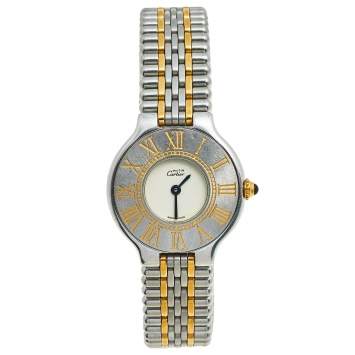 Pre Owned Cartier Cream 18K Yellow Gold and Stainless Steel Must De Cartier 21 125000P Women's Wristwatch 28 mm