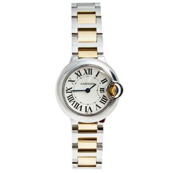 Pre Owned Cartier White 18K Yellow Gold Stainless Steel Ballon Blue W69007Z3 Women's Wristwatch 29 MM