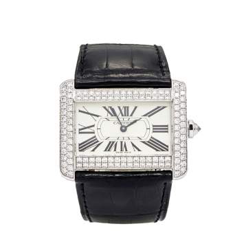Pre Owned Cartier Cream 18k White Gold Diamond Alligator Tank Divan 2614 Women's Wristwatch 38 mm