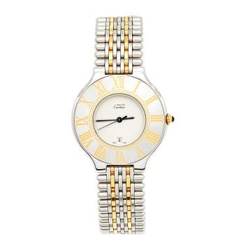 Pre Owned Cartier Cream 18k Yellow Gold Stainless Steel Must 21 De Cartier Women's Wristwatch 34 mm