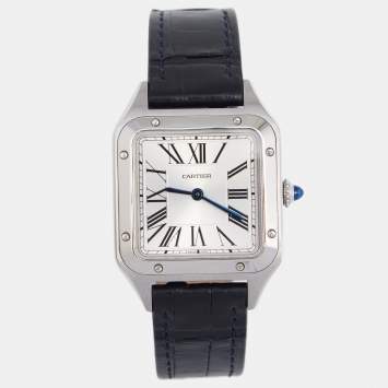 Pre Owned Cartier Silver Stainless Steel Alligator Santos Dumont WSSA0023 Women's Wristwatch 27.5 mm