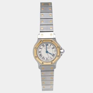 Pre Owned Cartier Cream 18K yellow Gold Stainless Steel Santos de Cartier 187903 Women's Wristwatch 24 mm