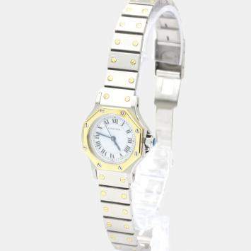 Pre Owned Cartier White 18K Yellow Gold And Stainless Steel Santos Octagon Automatic Women's Wristwatch 30 MM