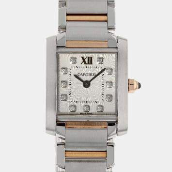 Pre Owned Cartier Silver Diamonds 18K Rose Gold And Stainless Steel Tank Francaise WE110004 Women's Wristwatch 20 x 25 MM