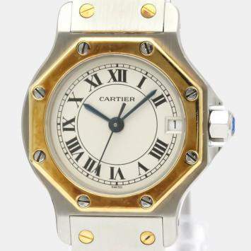 Pre Owned Cartier Silver 18K Yellow Gold And Stainless Steel Santos Octagon Quartz Women's Wristwatch 24 mm