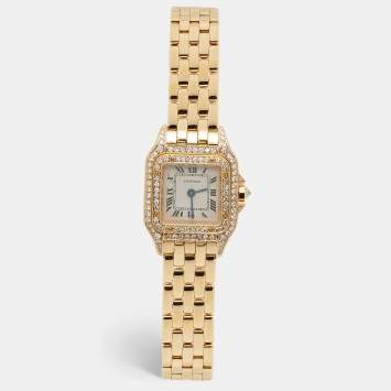 Pre Owned Cartier Cream 18k Yellow Gold Diamond Panthere 8057915 Women's Wristwatch 22 mm