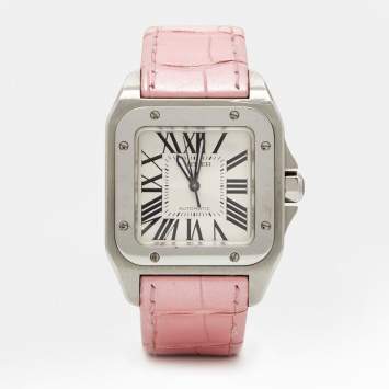 Pre Owned Cartier White Stainless Steel Alligator Leather Santos 100 W20126X8 Women's Wristwatch 35 mm