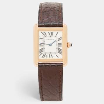 Pre Owned Cartier Silver 18k Rose Gold Alligator Tank Solo W5200024 Women's Wristwatch 24 mm