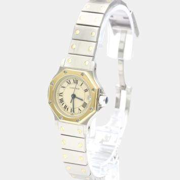 Pre Owned Cartier White 18k Yellow Gold And Stainless Steel Santos 187903 Quartz Women's Wristwatch 24 mm