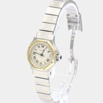 Pre Owned Cartier Silver 18k Yellow Gold And Stainless Steel Santos Octagon 187903 Quartz Women's Wristwatch 24 mm